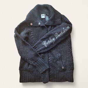 Harley Davidson Chunky Knit Full Zip Sweater Black Silver Womens XL Logo Biker